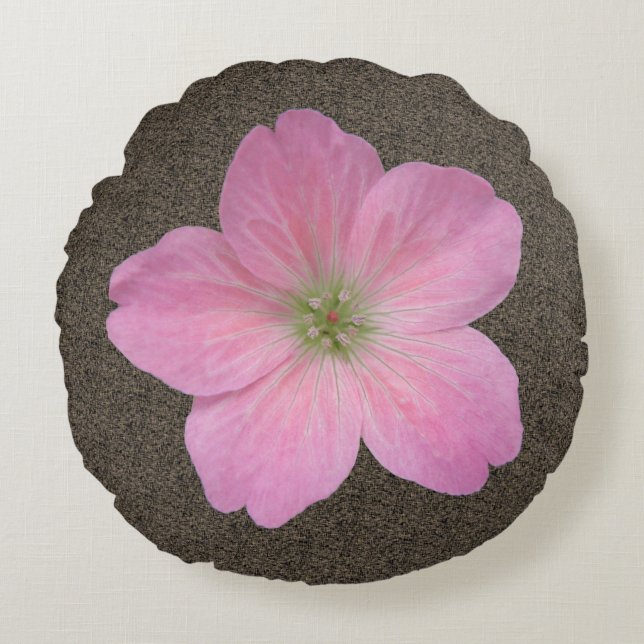 Botanische roze geraniumventilator rond kussen (Voorkant)