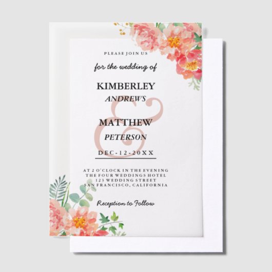 Botanische roze groene waterverf bloemenbruiloft vellum uitnodigingen (Offset)