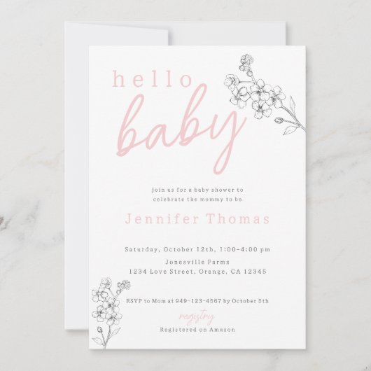 Botanische roze Hallo Baby Aankondiging (Voorkant)