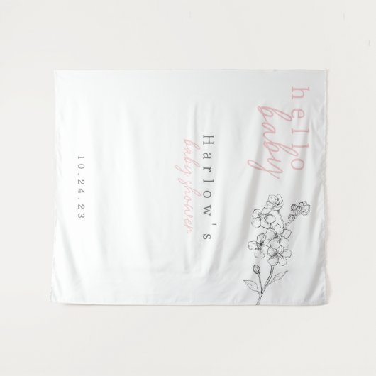 Botanische roze Hallo Baby Baby shower banner Wandkleed (Voorkant (horizontaal))
