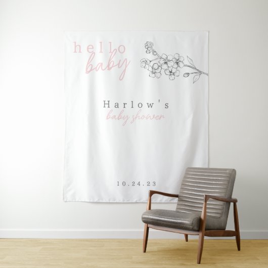 Botanische roze Hallo Baby Baby shower banner Wandkleed (In situ)
