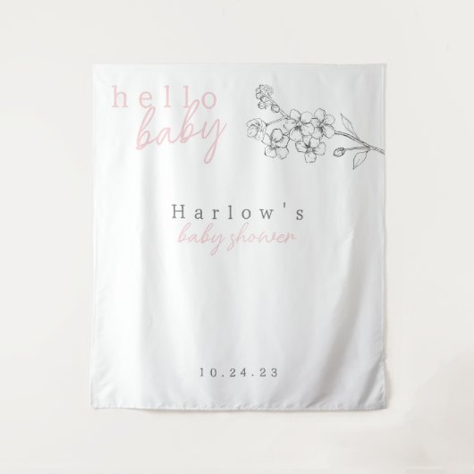 Botanische roze Hallo Baby Baby shower banner Wandkleed (Voorkant)