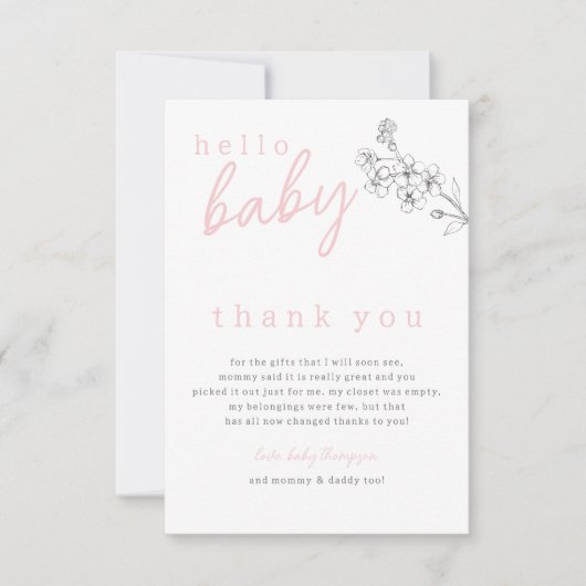 Botanische roze Hallo Baby Baby shower Dank je wel Bedankkaart (Voorkant)