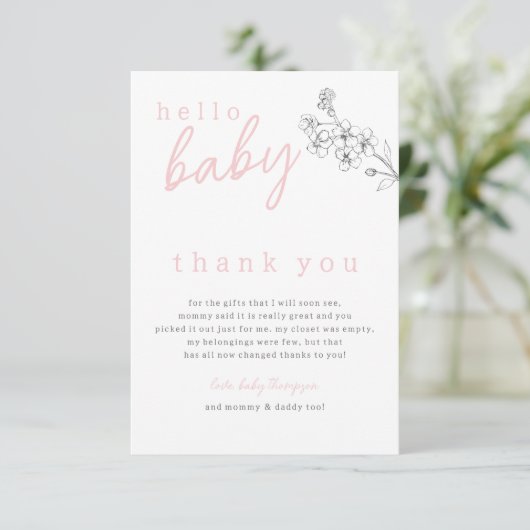 Botanische roze Hallo Baby Baby shower Dank je wel Bedankkaart (Staand voorkant)
