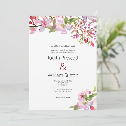 Botanische roze kersenbloesem zomer bruiloft kaart (Staand voorkant)