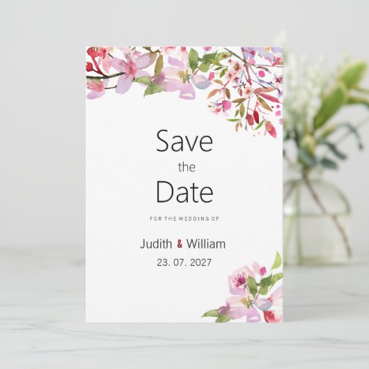 Botanische roze kersenbloesem zomer Save the Date Kaart (Staand voorkant)