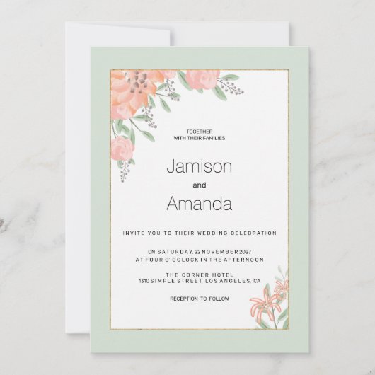 Botanische roze koraal mint lente bloemenbruiloft kaart (Voorkant)