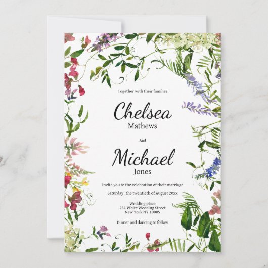 Botanische roze lila blauw munt bloemenbruiloft kaart (Voorkant)