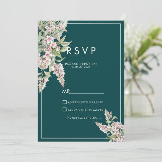 Botanische roze mauve groene bloemen RSVP Kaart (Staand voorkant)