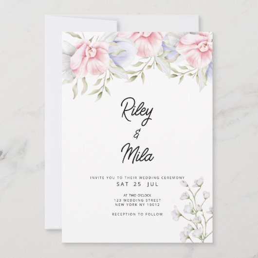 Botanische roze mint groen lila bloemenbruiloft kaart (Voorkant)
