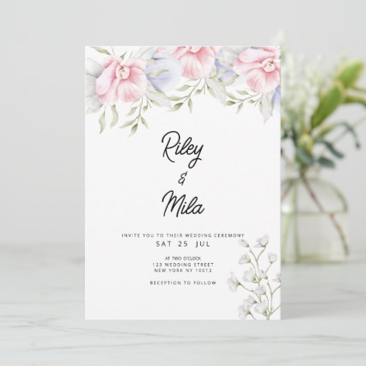 Botanische roze mint groen lila bloemenbruiloft kaart (Staand voorkant)