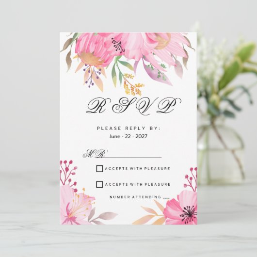 Botanische roze oranje waterverf bloemen RSVP Kaart (Staand voorkant)
