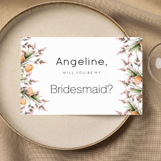 Botanische roze oranje zomerbloemen Bruidsmeisje Kaart