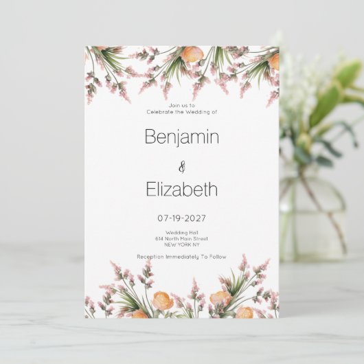 Botanische roze oranje zomerbloemen Huwelijk Kaart (Staand voorkant)