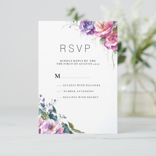 Botanische roze paarse koraal groene bloemen RSVP Kaart (Staand voorkant)