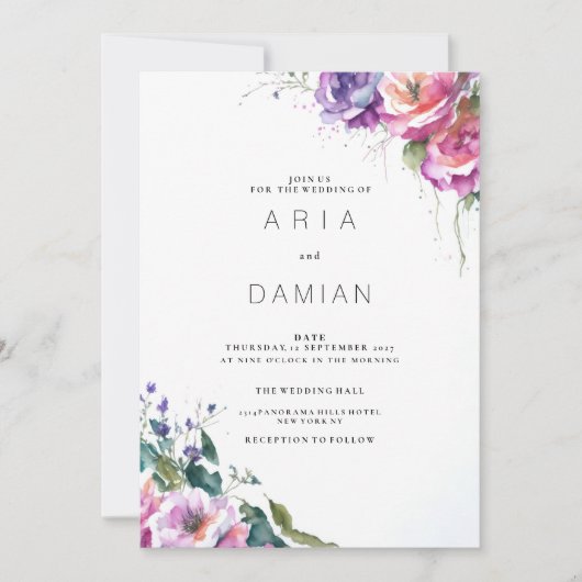 Botanische roze paarse koraal groene bloemenbruilo kaart (Voorkant)