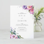Botanische roze paarse koraal groene bloemenbruilo kaart (Staand voorkant)