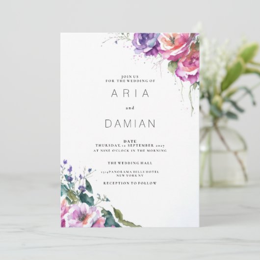 Botanische roze paarse koraal groene bloemenbruilo kaart (Staand voorkant)