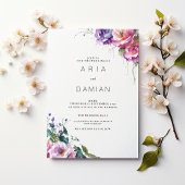 Botanische roze paarse koraal groene bloemenbruilo kaart
