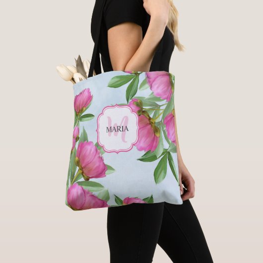 Botanische roze pony's Chic Girly Monogram pony's Tote Bag (Dichtbij)