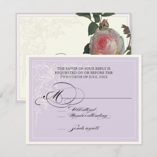 Botanische Roze Roos, Lavendel RSVP Respons Kaart (Voorkant / Achterkant)