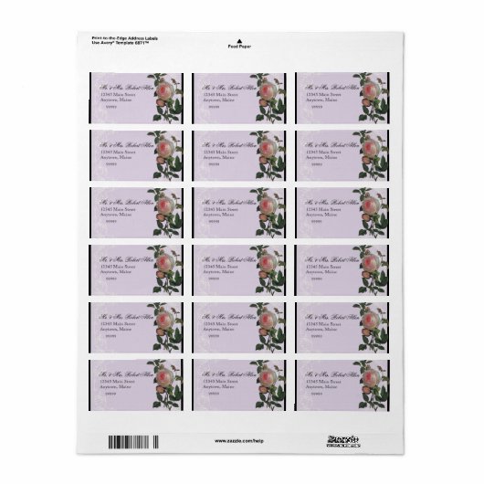 Botanische roze roos, Lila - Retouradreslabels Etiket (Full Sheet)