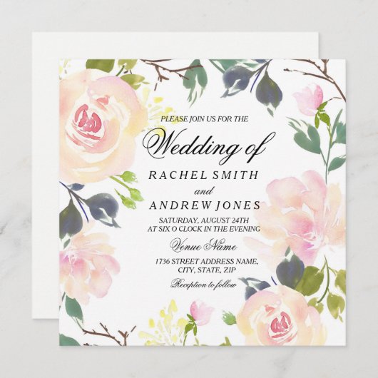 Botanische roze Rose Floral Weddenschap Kaart (Voorkant / Achterkant)