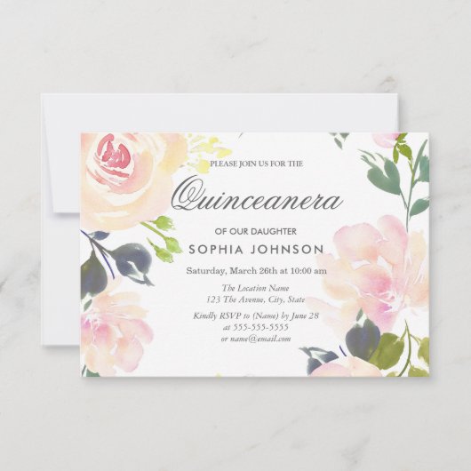 Botanische roze Rose Quinceanera Kaart (Voorkant)