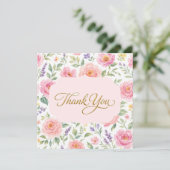 Botanische Roze Rozen Gouden Script Bedankkaart (Staand voorkant)