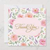 Botanische Roze Rozen Gouden Script Bedankkaart (Voorkant)