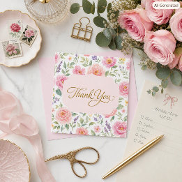 Botanische Roze Rozen Gouden Script Bedankkaart