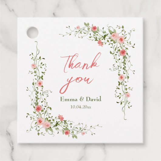 Botanische Roze Rozen Rustieke bruiloft Bedankjes Labels (Voorkant)