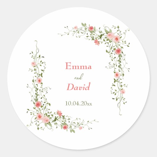 Botanische Roze Rozen Rustieke bruiloft Ronde Sticker (Voorkant)
