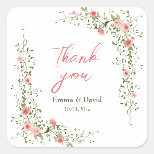 Botanische Roze Rozen Rustieke bruiloft Vierkante Sticker (Voorkant)