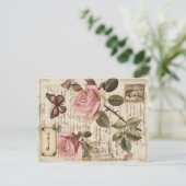  Botanische Roze Rozen & Vlinder Ephemera Feestdagenkaart (Staand voorkant)