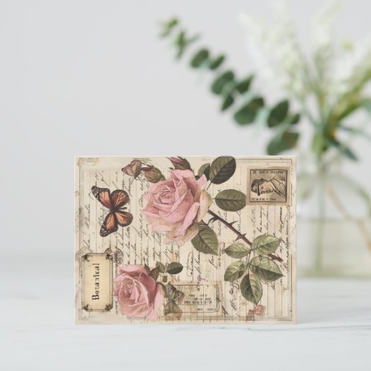  Botanische Roze Rozen & Vlinder Ephemera Feestdagenkaart (Staand voorkant)