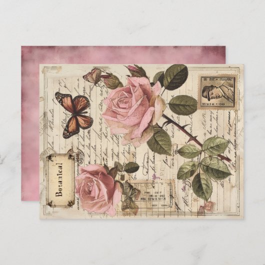  Botanische Roze Rozen & Vlinder Ephemera Feestdagenkaart (Voorkant / Achterkant)