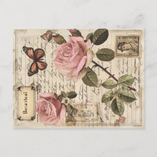  Botanische Roze Rozen & Vlinder Ephemera Feestdagenkaart