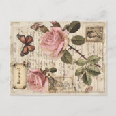 Botanische Roze Rozen & Vlinder Ephemera Feestdagenkaart (Voorkant)