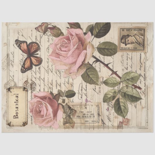  Botanische Roze Rozen & Vlinder Ephemera Tissuepapier (Voorkant)