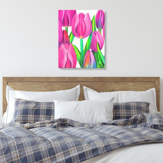 Botanische roze tulpen tekening canvas afdruk (Insitu (Slaapkamer))