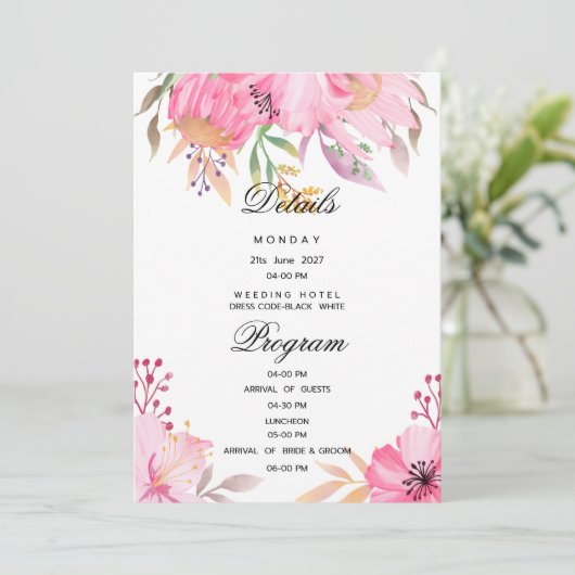 Botanische roze waterverf bloemen Details Programm Kaart (Staand voorkant)