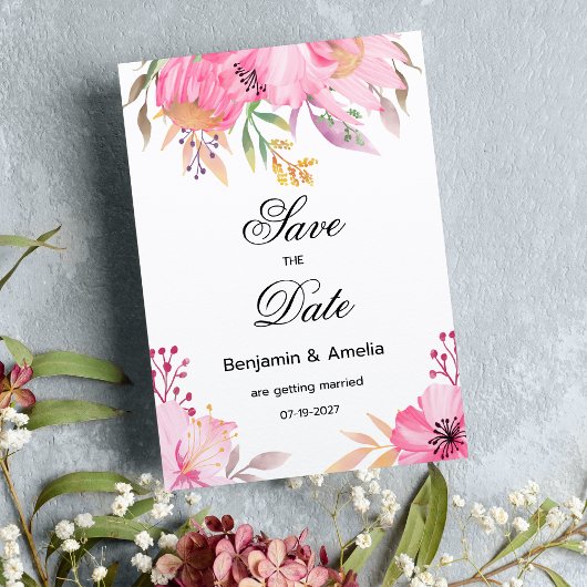 Botanische roze waterverf bloemen Save the Date Kaart
