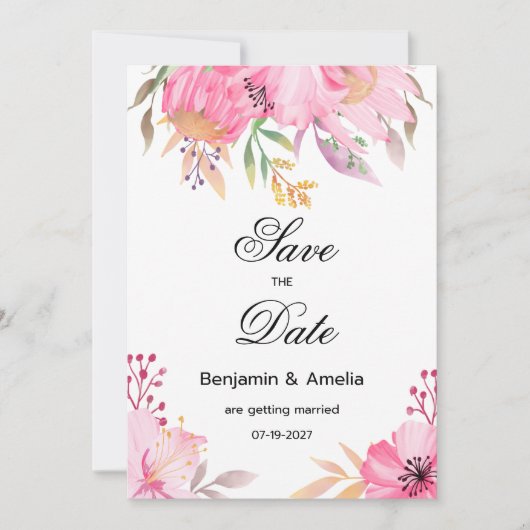 Botanische roze waterverf bloemen Save the Date Kaart (Voorkant)