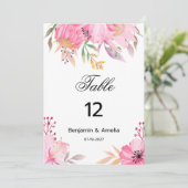 Botanische roze waterverf bloemen Tabel Nummers Kaart (Staand voorkant)