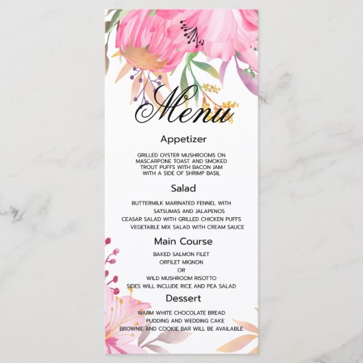 Botanische roze waterverf bloemen Wedding Menu (Voorkant)