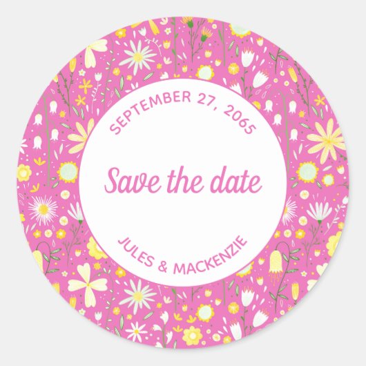 Botanische roze wilde bloemen, sla de datum op ronde sticker (Voorkant)