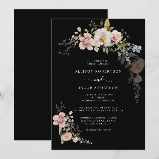 Botanische roze wilde bloemen, zwart huwelijk kaart (Voorkant / Achterkant)