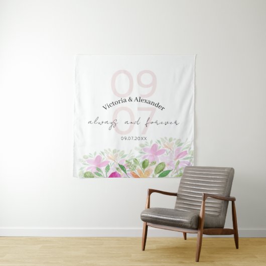 Botanische Roze Wildflowers Waterverf Art Wandkleed (In situ)