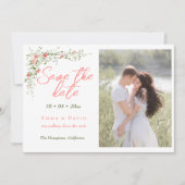 Botanische Rozen Elegant Script Fotobruiloft Save The Date (Voorkant)